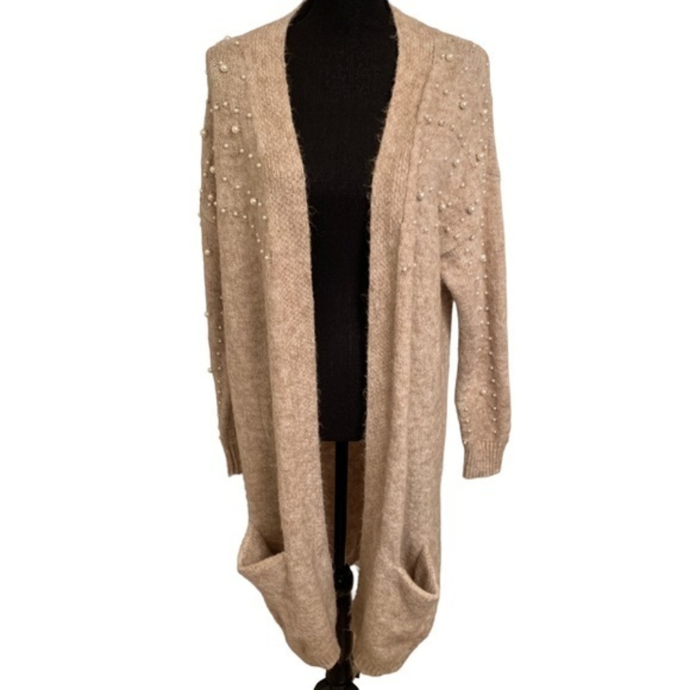 Long Duster With Pearl Accents Tan Size‎ Small